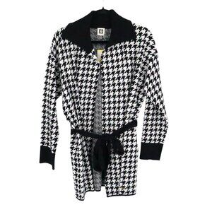 Anne Klein Long Line Houndstooth Cardigan Womens M Black Academia Classic Office